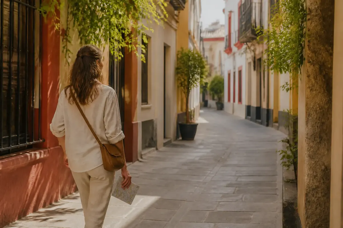Referencia editorial de un paseo por una calle de Sevilla, sin equipaje